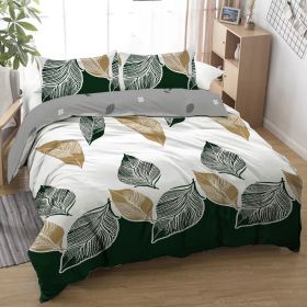 3pcs Minimalist Leaf Print Duvet Cover Set, Modern Botanical Bedding with Green & Gold Leaves, Reversible Grey Back for Adults