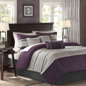 7 PC Pieced Faux Suede Comforter Set Purple Queen