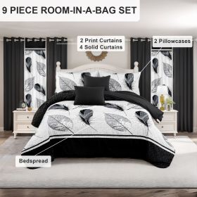 9 Piece Soft All-Season Washed Microfiber Cover Set , Queen/King/Calking Bedding Set With Pillowcases,Bedspread Print Curtains & Solid Curtains,Print (Color: black/white feather, size: King)
