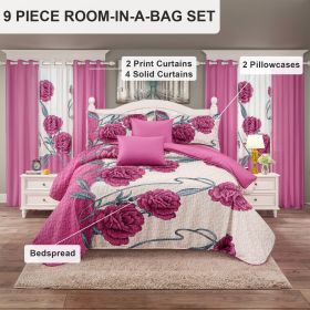 9-Piece Pink Rose Bedding & Curtain Set (Queen/King/Cal King) - Quilted Microfiber Bedspread + Sheer Curtains (Color: Pink/White Rose, size: Queen)
