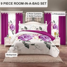 9-Piece Purple Rose Bedding & Curtain Set (Queen/King/Cal King) - Quilted Microfiber Bedspread + Sheer Curtains (Color: pink rose, size: Queen)