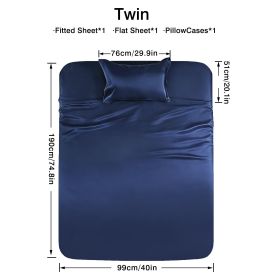 4-piece ultra-soft 85g satin sheet and pillowcase set, solid color, machine washable, suitable for all seasons, comfortable bedding set, for sing (Color: Dark blue, size: twin(38.98''*74.8''))