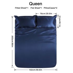 4-piece ultra-soft 85g satin sheet and pillowcase set, solid color, machine washable, suitable for all seasons, comfortable bedding set, for sing (Color: Dark blue, size: queen(59.84''*79.92''))