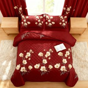 9-Piece Burgundy Red Floral Bedding & Curtain Combo Set, Elegant Wine Red Quilted Bedspread with 6 Light Filtering Window Panels & 2 Shams (Color: Burgundy Red with Elegant White Floral Branches/Sprigs, size: King)