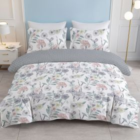 3pcs Watercolor Floral Duvet Cover Set, Soft Pastel Flower Print Bedding, Reversible Grey Geometric Design for Adults (Color: Colorful, size: Full)
