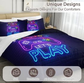 Gaming Comforter Set for Boys Trippy Gamer Bed Set with Comforter and Pillow Shams Neon Purple Blue 3 Piece Game Contoller Bedding Set for Kids T (Color: Black, size: Queen)