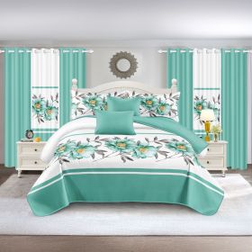 Quilted Bedspread & Curtain Set 9 Piece, Queen Size - Bedding Ensemble with Sheer Filtering Drapes, 1.6" Grommet Top, Machine Washable (Color: green rose, size: King)
