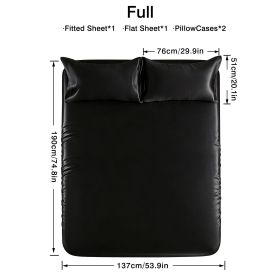 4-piece ultra-soft 85g satin sheet and pillowcase set, solid color, machine washable, suitable for all seasons, comfortable bedding set, for sing (Color: Black, size: full(53.94''*74.8''))