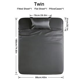 4-piece ultra-soft 85g satin sheet and pillowcase set, solid color, machine washable, suitable for all seasons, comfortable bedding set, for sing (Color: Grey, size: twin(38.98''*74.8''))