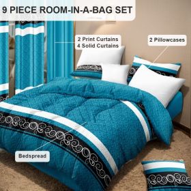 9-Piece Turquoise Swirl Bedding & Curtain Set (Queen/King/Cal King) - Quilted Microfiber Bedspread + Sheer Curtains (Color: blue/black boho, size: Queen)
